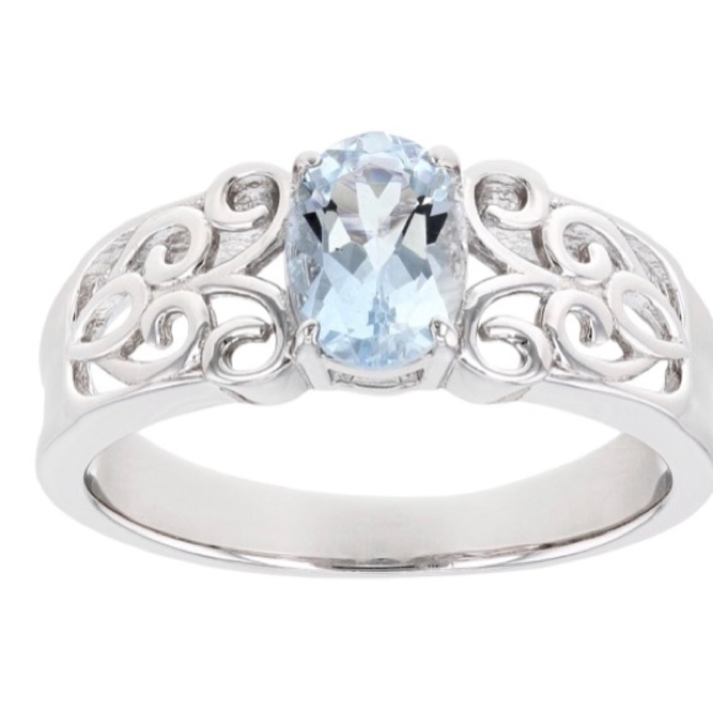 Blue Aquamarine Rhodium Over Sterling Silver SZ 8